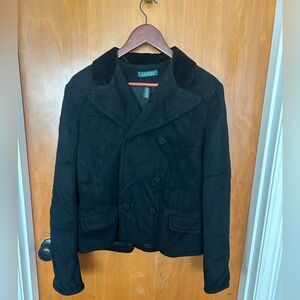 LAUREN Ralph Lauren Black Wool Blend Pea Coat Jacket Angora Velvet Collar Sz 14